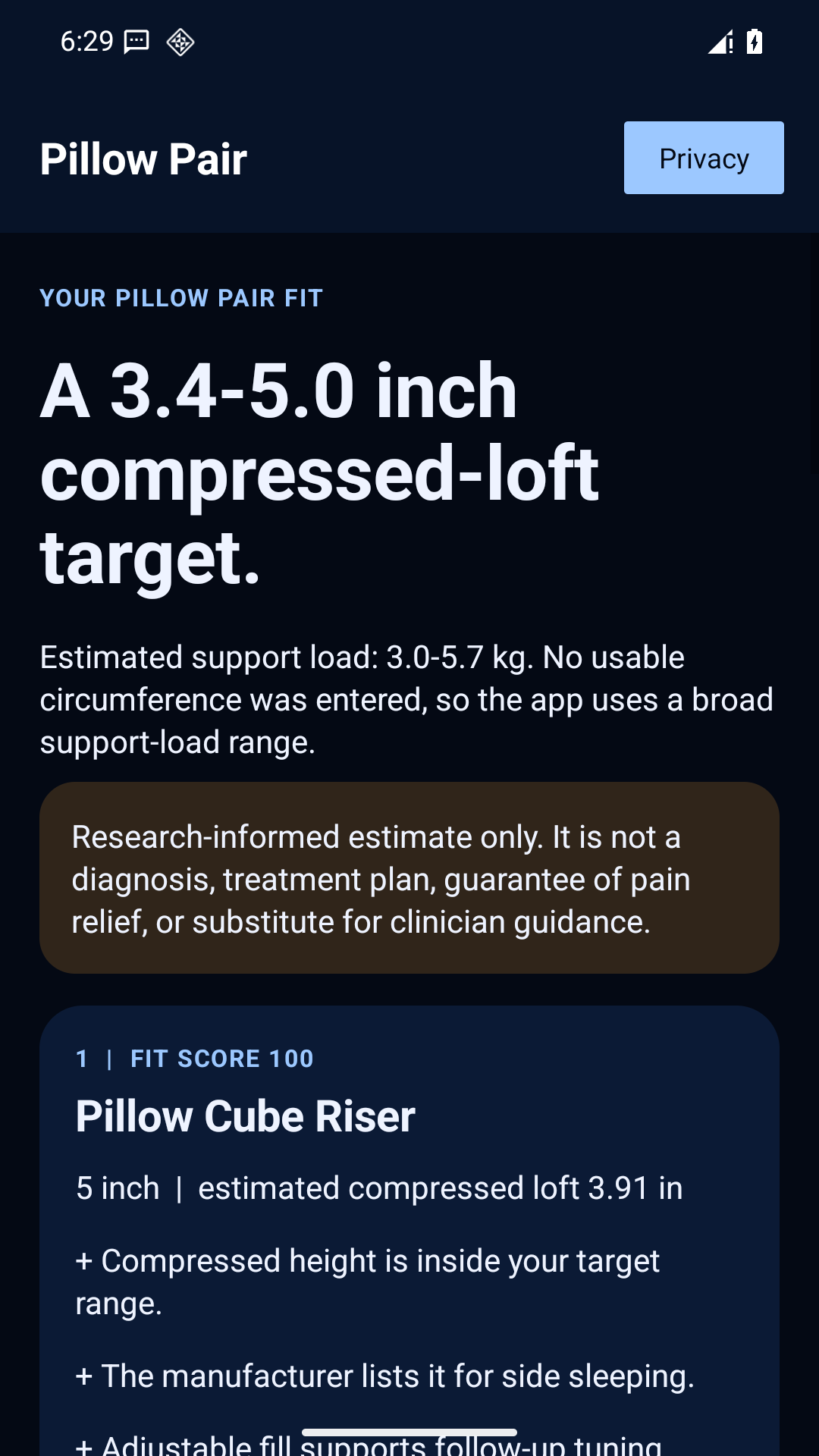 Pillow Pair example result showing a compressed-height range and reasons for a named pillow match