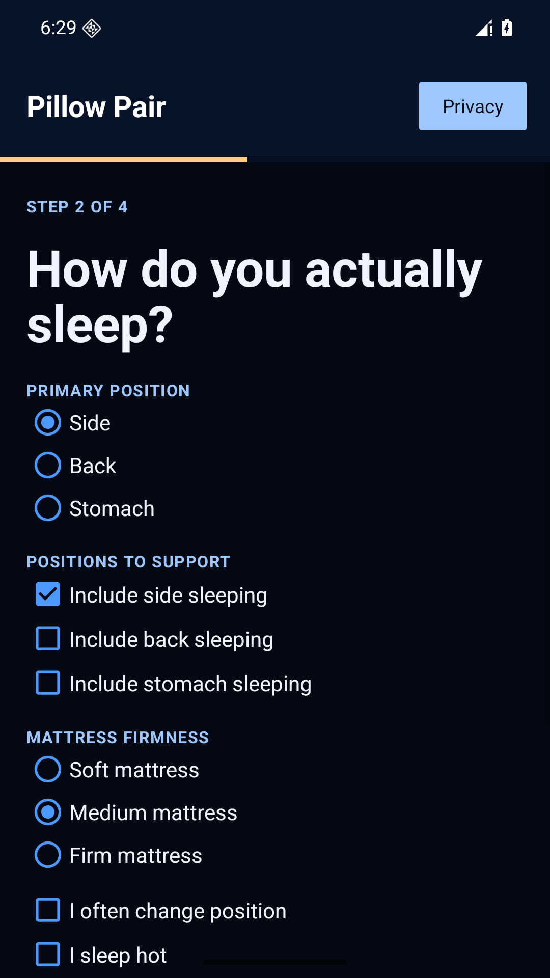 Android sleep-preference screen with position and mattress choices